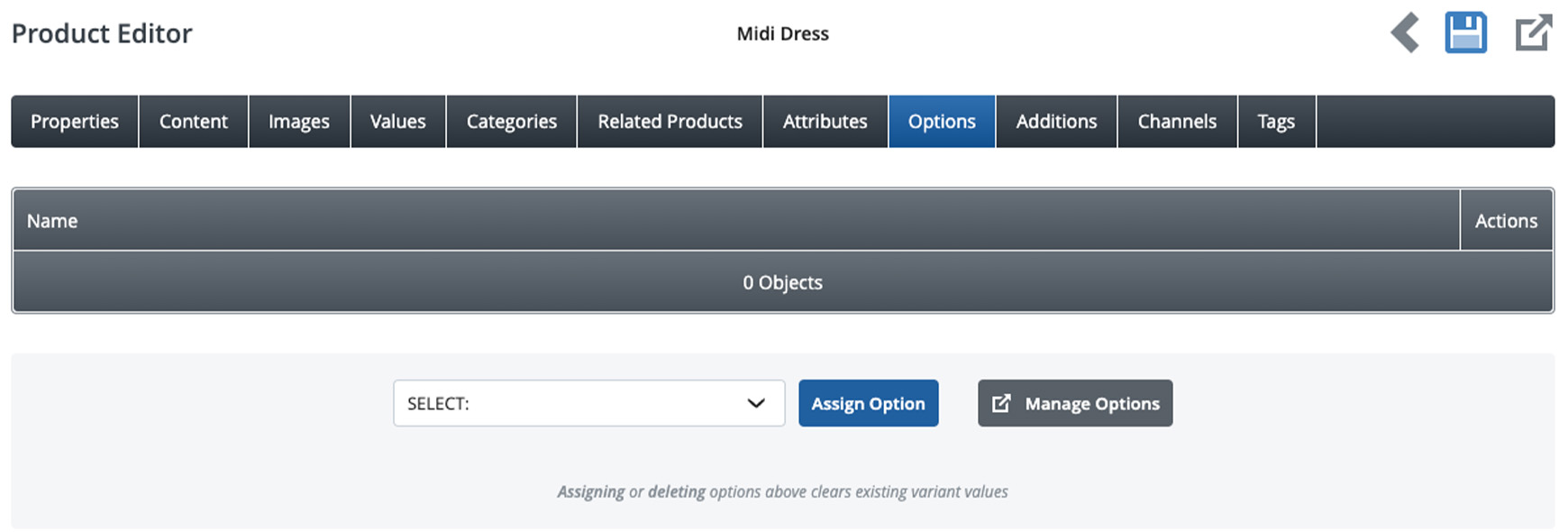 Options tab within the product editor