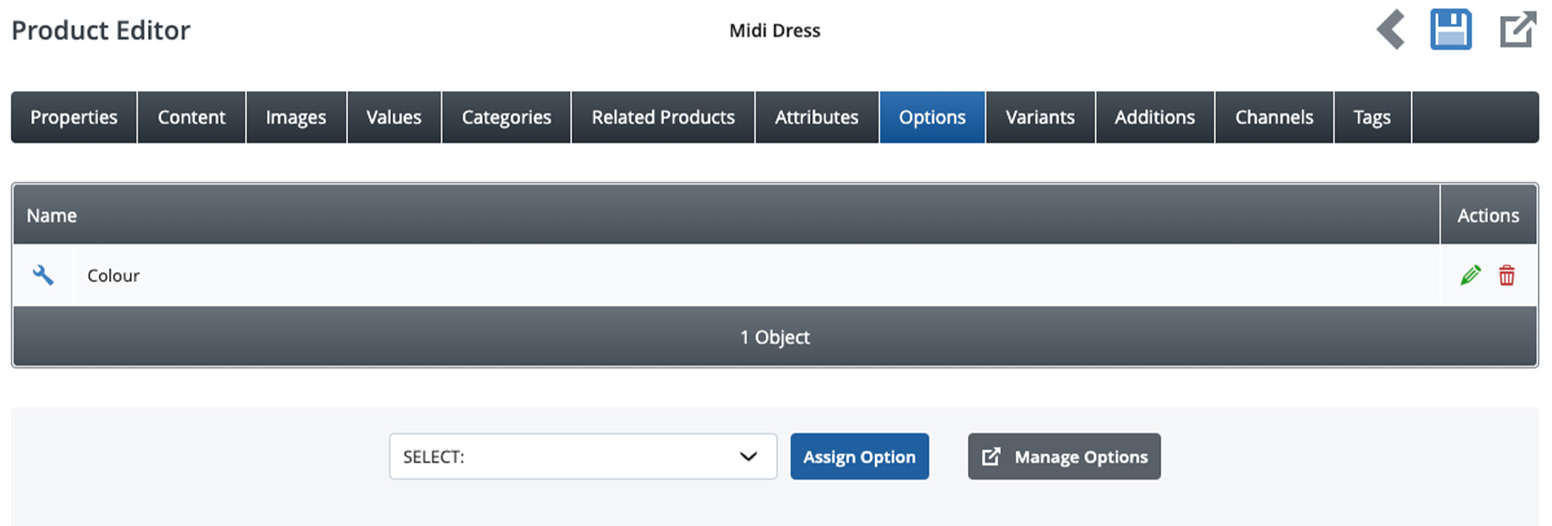 The option displays on the option tab of the product editor