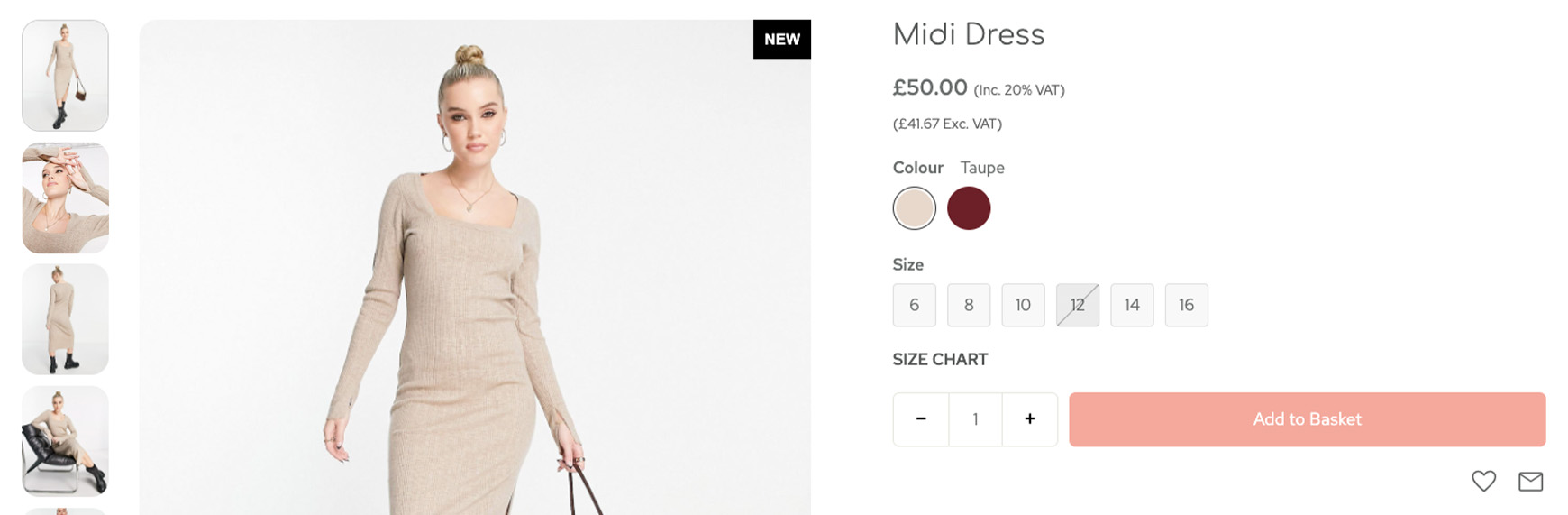 Midi dress product page showing option icons