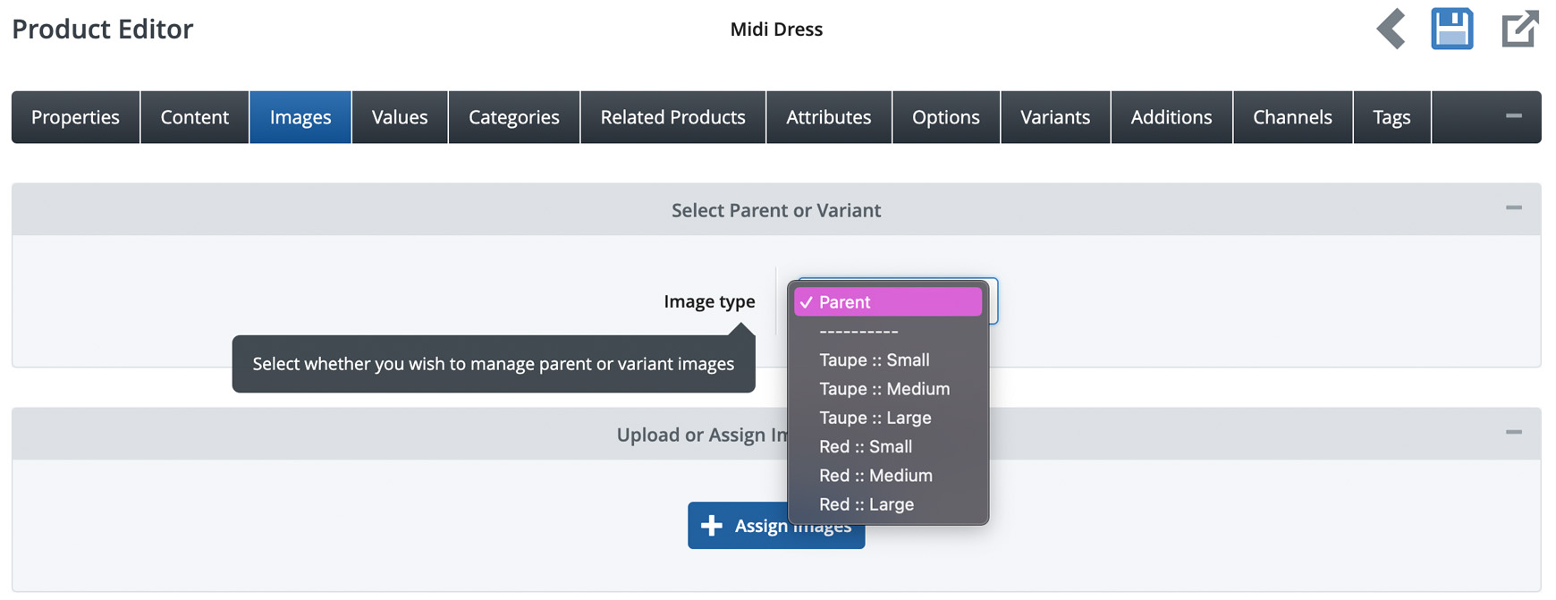 A list of variants within the Image tab within the product editor