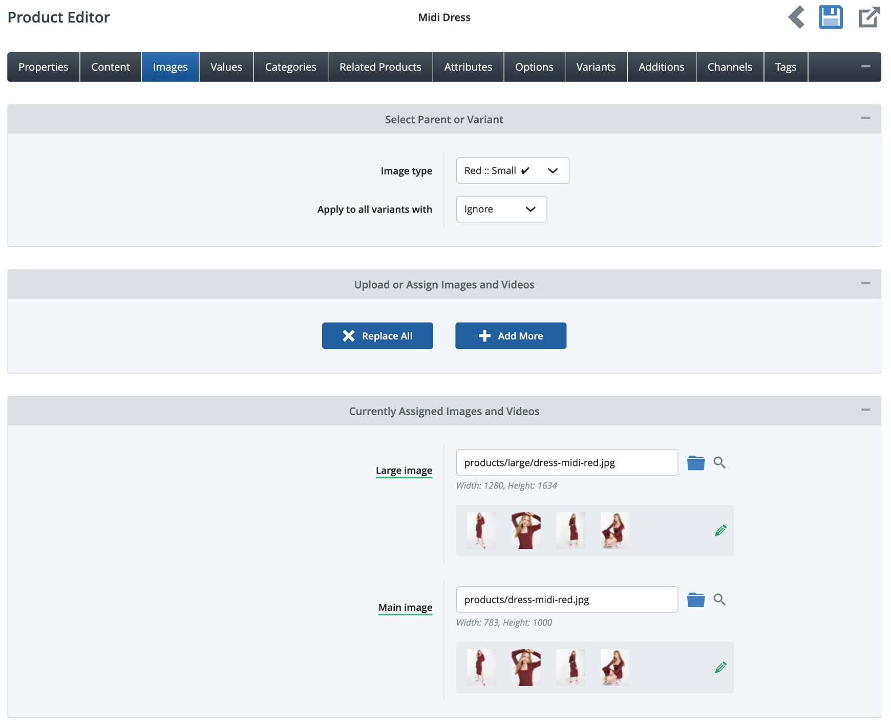 Choosing a variant within the Image tab in the product editor