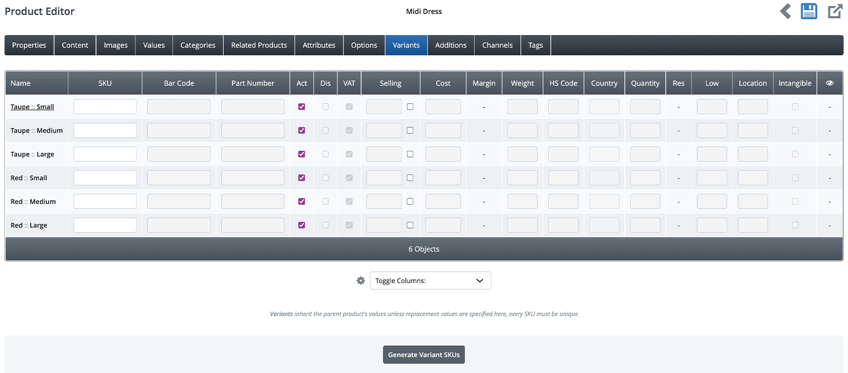 Variants tab within the product editor