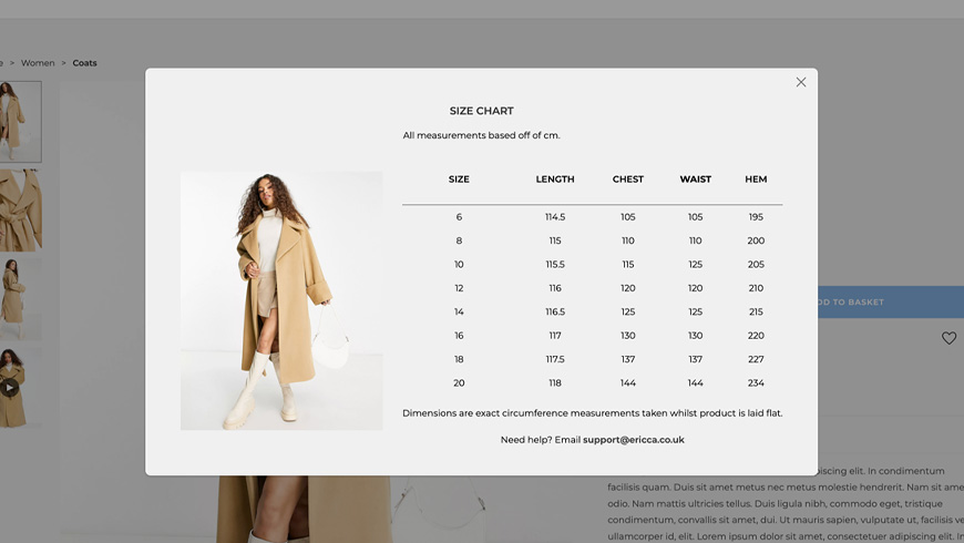 Advanced popup for size chart on online shop