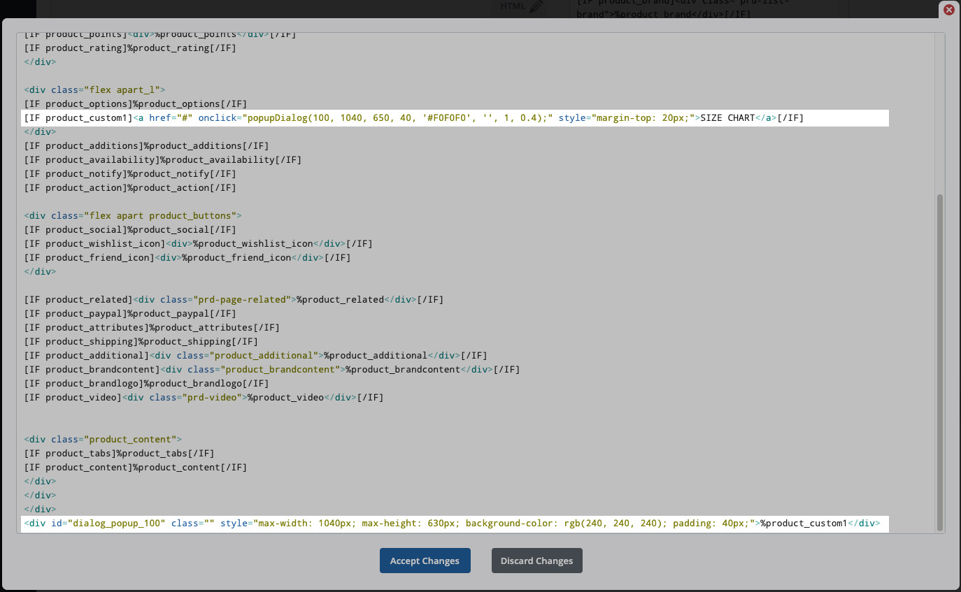 Final HTML code for advanced size chart popup