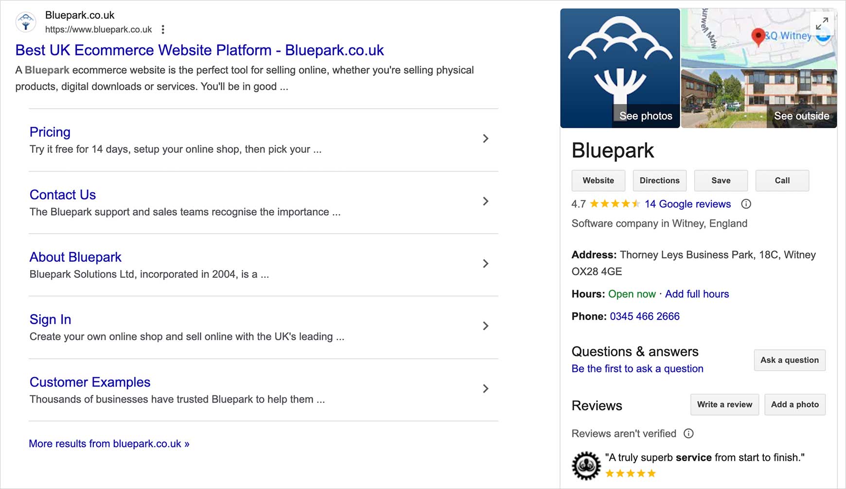 How Bluepark appears in Google organic search