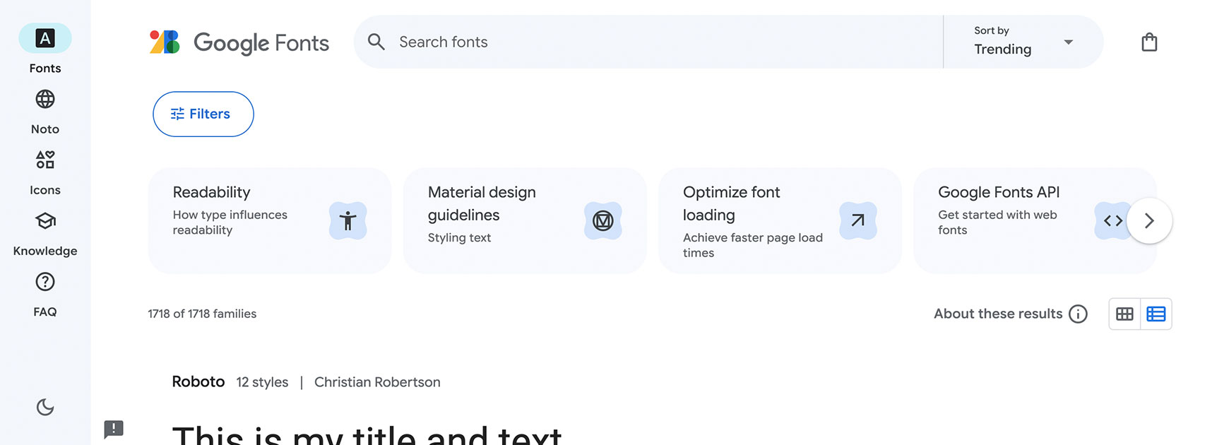 Google Fonts earch box and Filters button