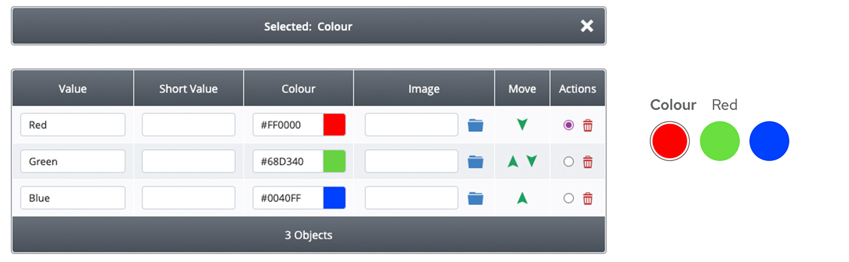 Colour swatch option icons showing the colour hex code used