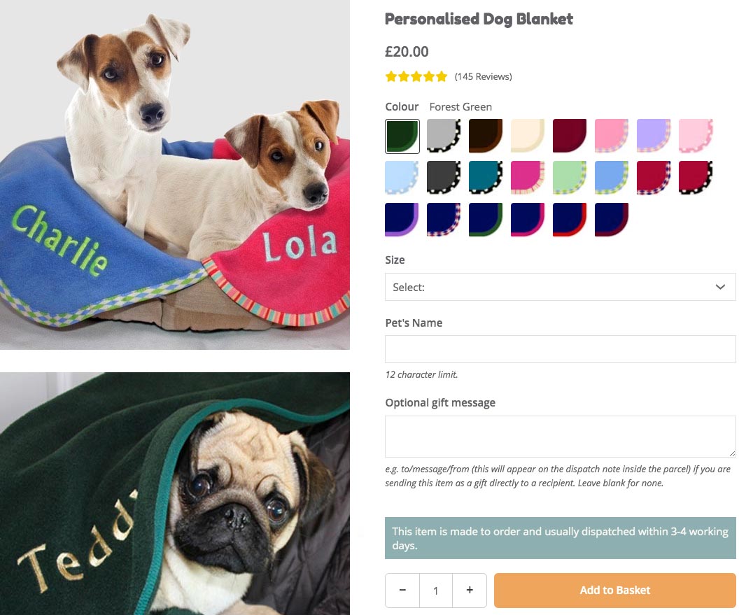 Personalised dog blanket on dfordog.co.uk