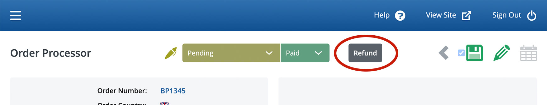 The Refund button in the Order Processor