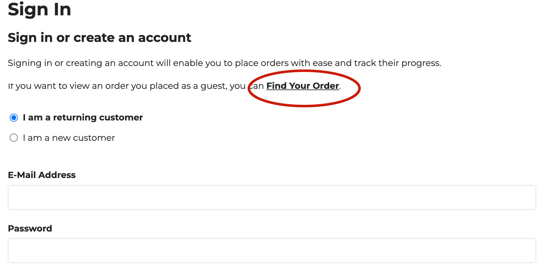 The Find Your Order link in the sign in page