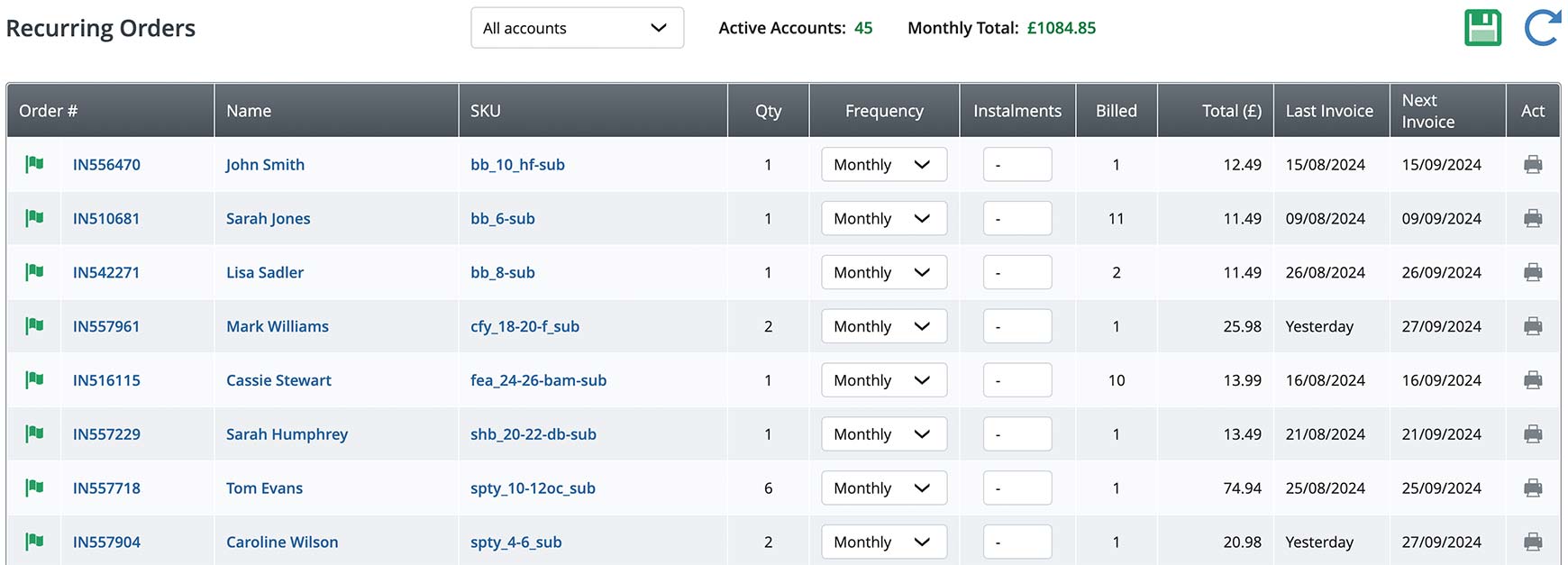 Managing recurring orders for subscriptions